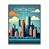 Chicago Poster Art Print, Illinois Retro City Mountain and Lake Landscape Artwork, Wall Art Poster Vintage Decor Landscape Picture For Bedroom Office Home Decor (11x14 inches (Unframed), Chicago