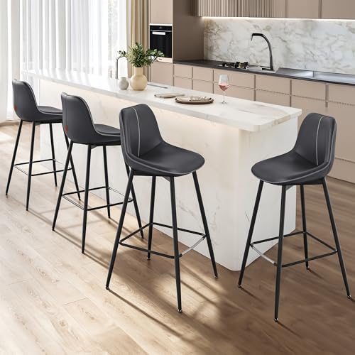 Image of VASAGLE Bar Stools Set of 4, Bar Height Bar Stools with Back, Ergonomic Backrest, Synthetic Leather, Metal Legs, 28.5-Inch Tall Barstools for Kitchen Island Home Bar, Easy Assembly, Ink Black