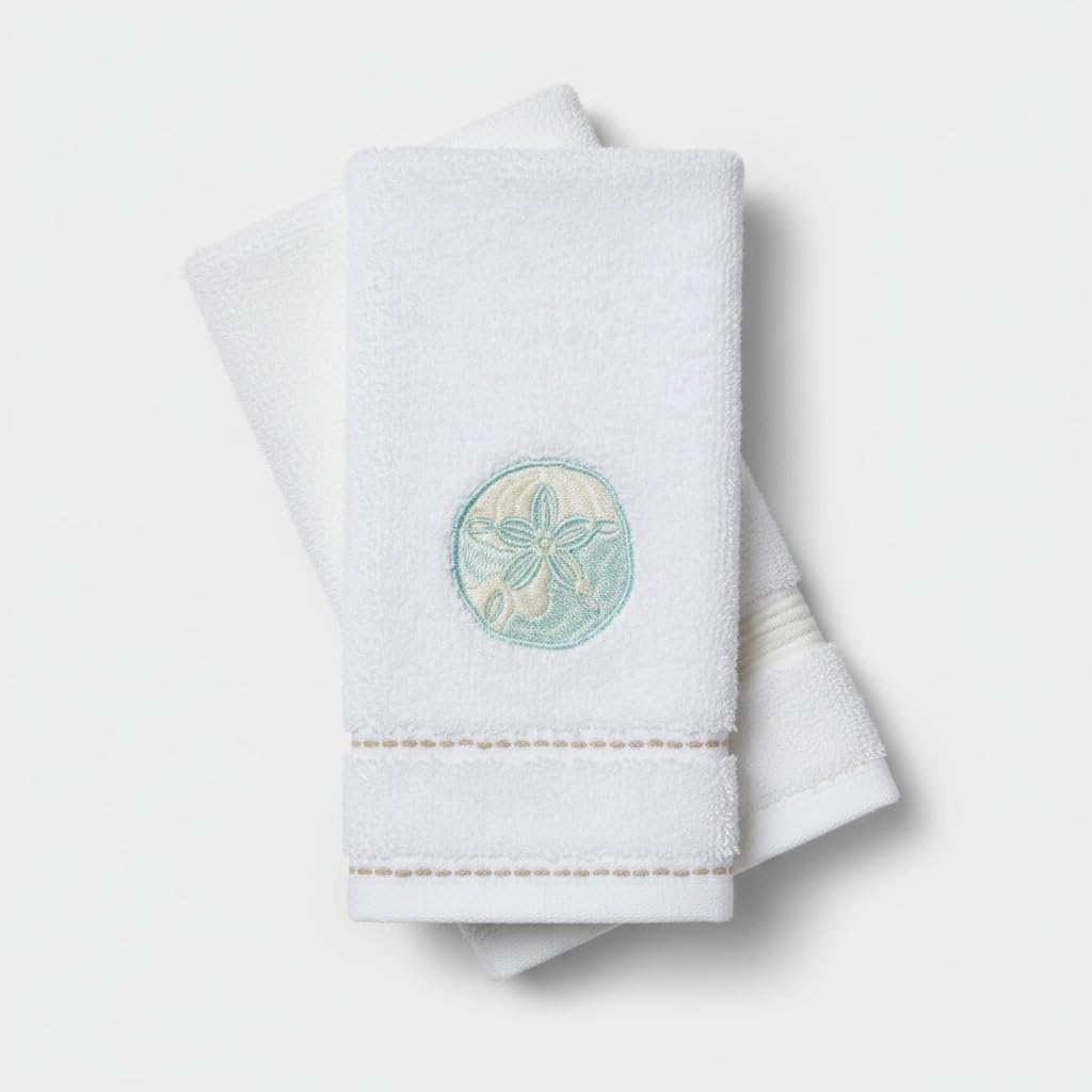 Avanti Linens – Fingertip Towel Set, 100% Cotton Velour Bathroom Towels with Embroidered Shell Design & Absorbent Terry Reverse, Home Decor, Set of 2 (Farmhouse Shell Collection)