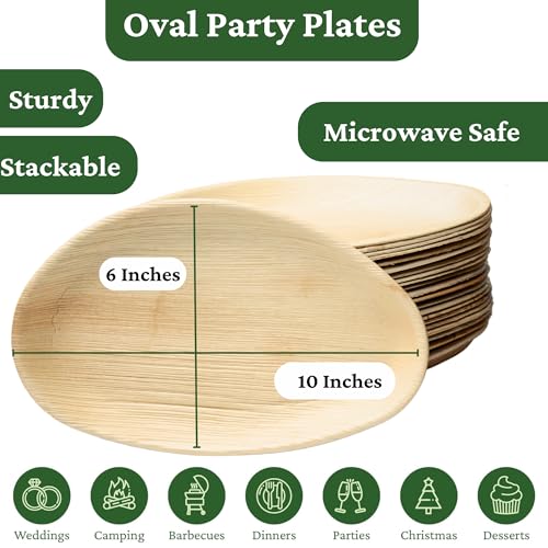 Eco-Friendly Palm Leaf Plates (Pack of 50) - Large 10 Oval Plates | Disposable and Compostable for Weddings, Parties, and BBQs
