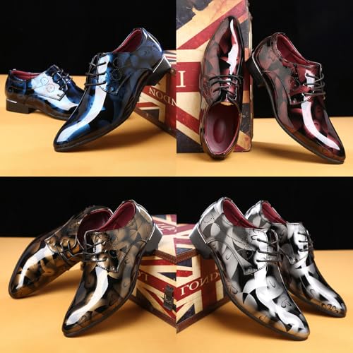 Men's Pointed Toe Patent Leather Tuxedo Dress Shoes,Fashion Print Floral Lace Up Derby Business Oxford Wedding Shoes3
