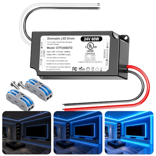 24V Dimmable LED Driver 60W, UL&amp;FCC Listed Class 2 Triac ELV/MLV Dimmable Transformer 120V to DC 24 Volt Compatible with Lutron &amp; Leviton Switches 60 Watt Power Supply for LED Strip Light