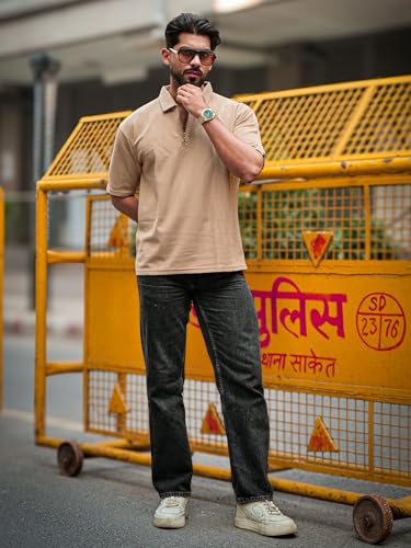 Image of Maniac || Mens || Textured || Polo Neck || 3 /4th Sleeve || Half Zipper || Cotton || T-Shirt