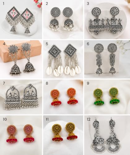 Image of Oxidized Silver Plated Jhumka Earrings Combo Set of 12