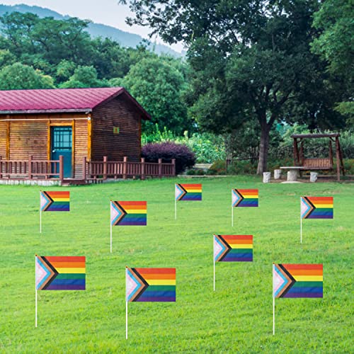 Image of GentleGirl 12 Pack Progress Pride Rainbow Flags Rainbow Small Mini Hand Held Stick Flag Gay LGBT Festival Party Parades Decorations