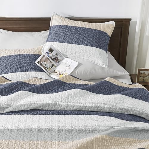 Image of Andency King Size Quilt Set Yellow Blue, 3 Pieces Summer Ultra Soft Lightweight Bedspreads & Coverlets Set, Patchwork Striped Quilted Bedding Sets for All Seasons (1 Quilt, 2 Pillow Shams)