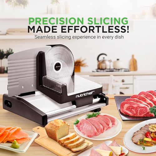 Image of Electric Meat Slicer | 200W Automatic Meat & Bread Slicer | Adjustable Dial for 0-15mm Cutting Range Thickness | Removable 7.5 IN Stainless Steel Blade & Food Pusher for Safety (Black)