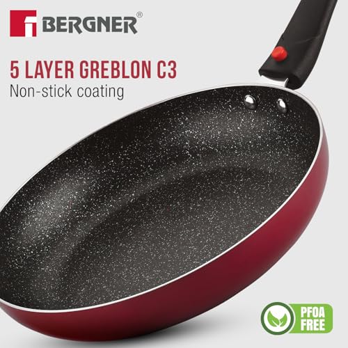 Image of Bergner Sherry Plus 5-Layer Non-Stick Coating 6 Pcs Cookware Set with Induction Bottom and Detachable Handle, 24cm /2.5L Kadai with Lid, 24cm /1.6L Frypan, 25cm Dosa Tawa, 2 Nylon Spatulas (Maroon)