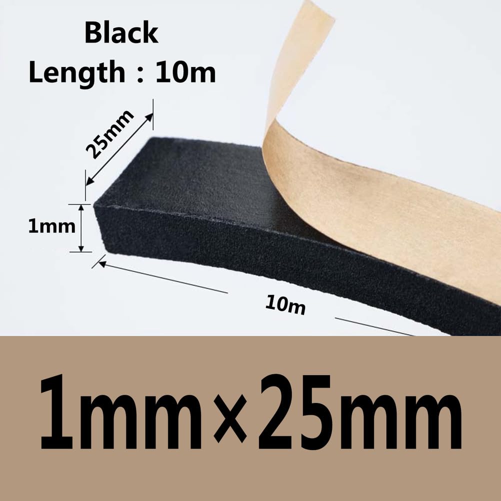Cinta de espuma de sellado, cinta de espuma autoadhesiva de goma, color negro, 1 mm x 10-25 mm (1 mm x 25 mm)