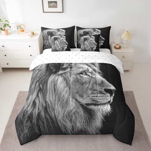 Wild Lion Comforter Set Africa Wildlife Bedding Set Full Size 7 Pcs,3D Lion Tropical Style Bed Set for Room Decor Gray Black Bed in a Bag with Comforter,Sheets,Pillowcases & Cushion Cover
