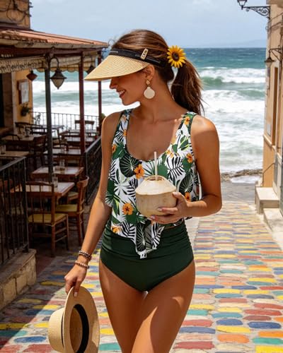 Image of Women High Waisted Bikini Swimsuit Flounce Vintage 2 Piece Bathing Suits | Vintage,tummy control,two piece bathing suits,plus size,swimwear,ruffled,tankini top,bikini bottom