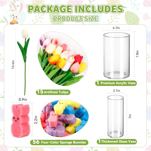 Image of ALFEVA Easter Decorations-Vase in Vase 15pcs Artificial Tulips and 56 Peeps Bunnies Filler, Easter Vase Set Ready to Display,Spring Decorations for Home Table
