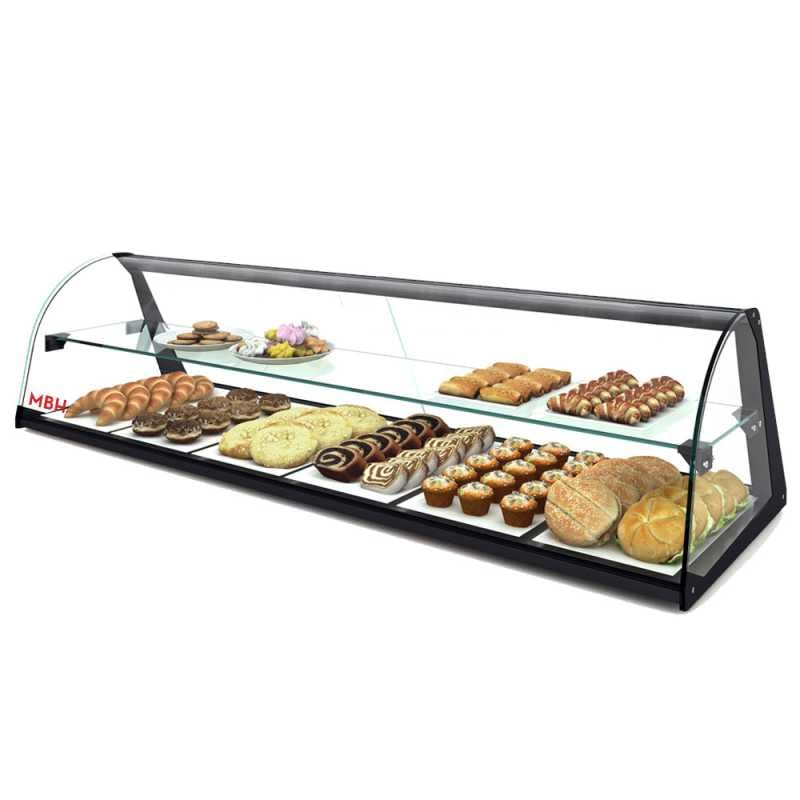 MBH - Expositor Neutro de Cristal Curvado de 84 cm y 2 Pisos para hostelería. Vitrina expositora de sobremesa Neutra para Bar y Restaurante. Sin LED.