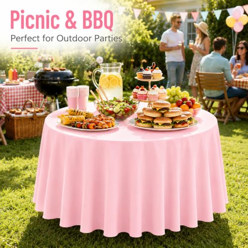 Image of WNINK 4 Pack Light Pink Round Tablecloth, 84 Inch Disposable Plastic Table Covers, Light Pink Round Table Cover for Birthday Parties, Holiday, Picnic, BBQ, Family Gathering Party Supplies