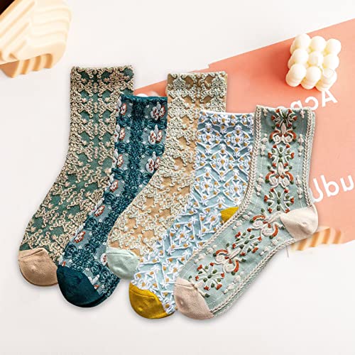 Image of 5 Pack Cute Womens Floral Socks, Vintage Embroidered Frilly Floral Ankle Cotton Cottagecore Socks