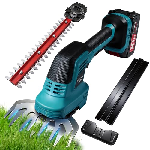 AearKing Tijeras Cortasetos y Arreglasetos 2 en 1, Cortasetos Bateria de 21 V para Setos y Césped, Tijeras de Césped y Arbustos Ligero, Cortasetos Eléctrico con 2 Cuchillas Intercambiables