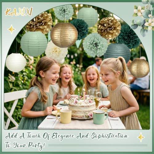 Image of KAXIXI 15-Pack Sage Green Party Decorations, Paper Lanterns & Pom Poms