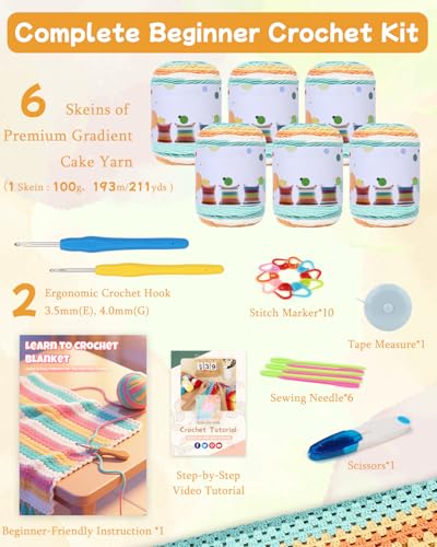 Image of Aeelike Crochet Blanket Kit for Beginners-Rainbow Granny Squares Stripe Blanket, Complete Crochet Kit for Adults w Gradient Yarn & Instructions, Easy Learn to Knit for Beginners