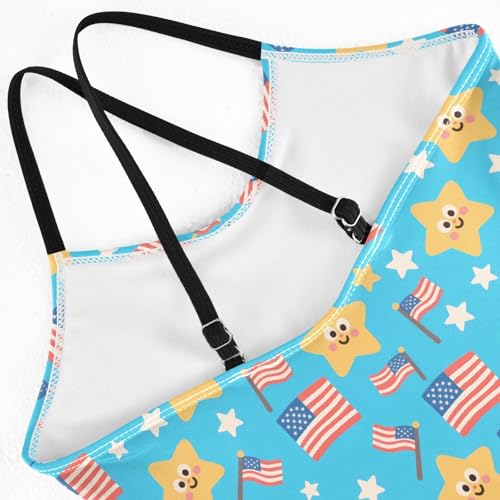 senya Girls Swimsuits One-Piece Swimwear Tie Bathing Suit Beach Summer Round Neck 7-8T Cartoon American Flag Stars Pattern4