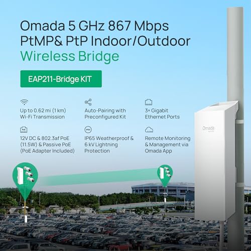 TP-Link Omada Point to Point Wireless Bridge Outdoor - 5GHz, 867Mbps, PtP&PtMP, 1km Range, 3 Gigabit Ports, PoE or DC Powered, IP65 Weatherproof, Preconfigured, Plug&Play(EAP211-Bridge KIT)
