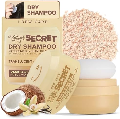I DEW CARE Tap Secret Dry Shampoo Powder with Biotin & Korean Ginseng - Natural Non-Aerosol Dry Shampoo for Women | Warm Vanilla & Coconut Scent, Volumizing Hair, Travel Size, Stocking Stuffers 0.24Oz