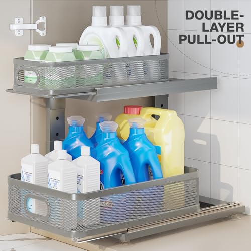 Image of 2 Pack 15.5IN-Depth Under Sink Organizer With Next-Gen Ball-Bearing Slides,2-Tier Precision Mesh Pull Out Cabinet Storage for Bathroom&Kitchen,Height Adjustable Drawers Shelf,Anti-rust-Grey