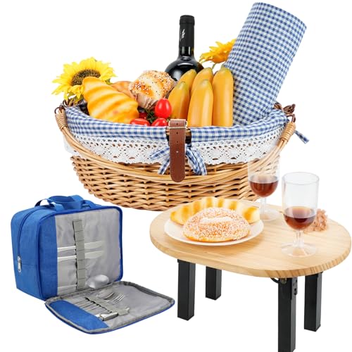 DHAEE Wicker Picknickkorb Set für 2 mit abnehmbarem Tisch, Utensil Tragetasche, wasserdichte Picknickdecke, abnehmbare Liner Picknick Essentials für Camping, Strand, Familie/Paare Geschenke