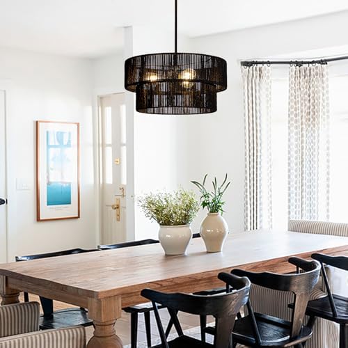 Fenluster Black Boho Rattan Chandelier 18'' Hand Woven Chandelier Light Fixture 3-Light Farmhouse Drum Pendant Light for Dining Room Bedroom Kitchen Hallway Foyer by Fenluster - Image 3