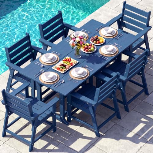 Image of 7-Piece Dining Set, HDPE Table & 6 Chairs, Navy Blue | HDPE Dining Set: 69.1 inch Table + 6 Chairs, 380 lbs, 304 Stainless, All-Weather, No Rust No Crack, Outdoor Patio Garden