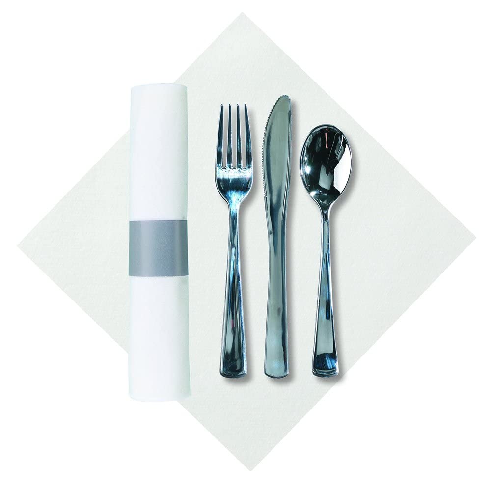 Hoffmaster 119956 Silver Metallic Cater Wrap Pre-rolled Linen-Like Napkin with heavyweight Knife, Fork and Spoon set (Each case has 100 pieces) (Pack of 100)