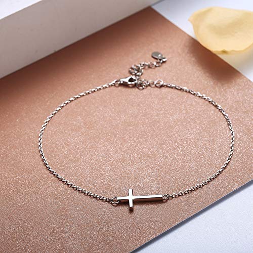 Sllaiss 925 Sterling Silver Sideways Cross Anklet For Women Men Dainty Adjustable White Gold Plated Ankle Bracelets Beach Foot Jewelry (Silver) #TOP3