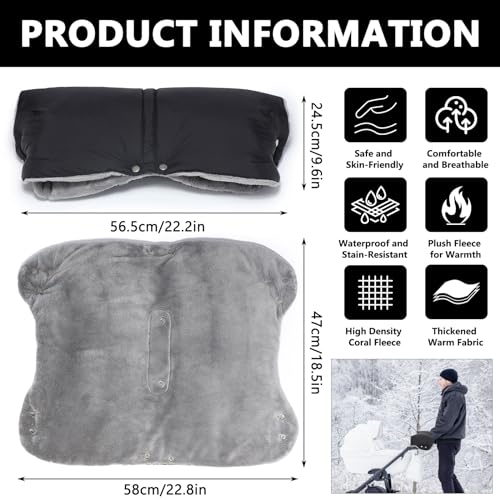 MTINRNI Handwärmer Kinderwagen,Handmuff für Kinderwagen,Kinderwagenmuff mit Warme Fleece,Wasserdicht und Winddicht,für Meisten Kinderwagen Buggys,Hält Die Hände im Winter Schön Warm.(B, Schwarz)