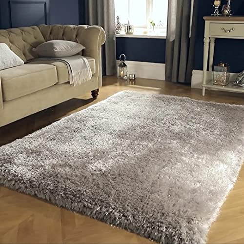 Image of Hand Woven Plain Shagg Collection with 2 Inch Pile Height Carpet for Living Room Size 10x10 Feet Square Coular Silver