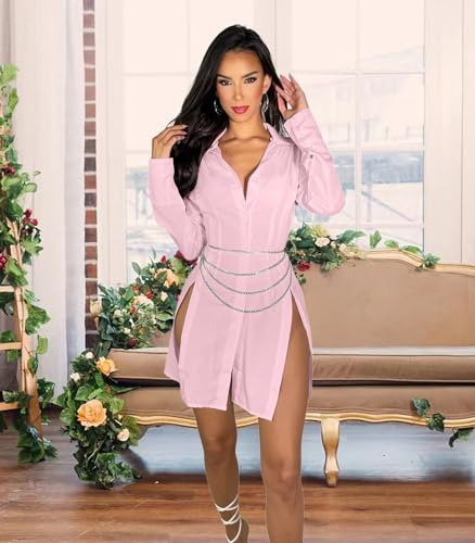 Image of Shirt Dress for Women Sexy Button Down Date Night Dresses Ruched Slit Stand Collar Long Sleeve Blouses