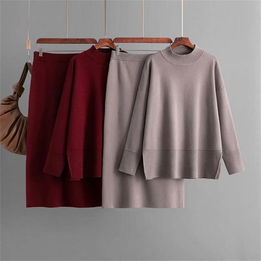 Women Korean Knitted 2 Piece Sets O-Neck Long Sleeve Sweater Pullover Tops Split Skirts Outfit