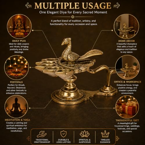 Image of Kartique Brass Peacock Panch Aarti Diya | 5 Wick Puja Deepam with Handle