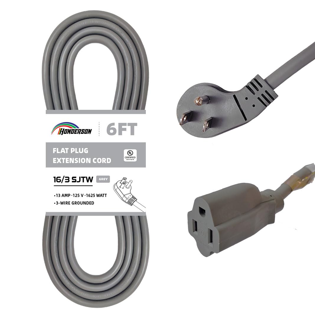 Cable de extensión de enchufe plano para interiores, con certificación UL, calibre 16 de 6 pies, gris 3 clavijas resistente, cable de alimentación SJTW 13A 16/3 para luces,