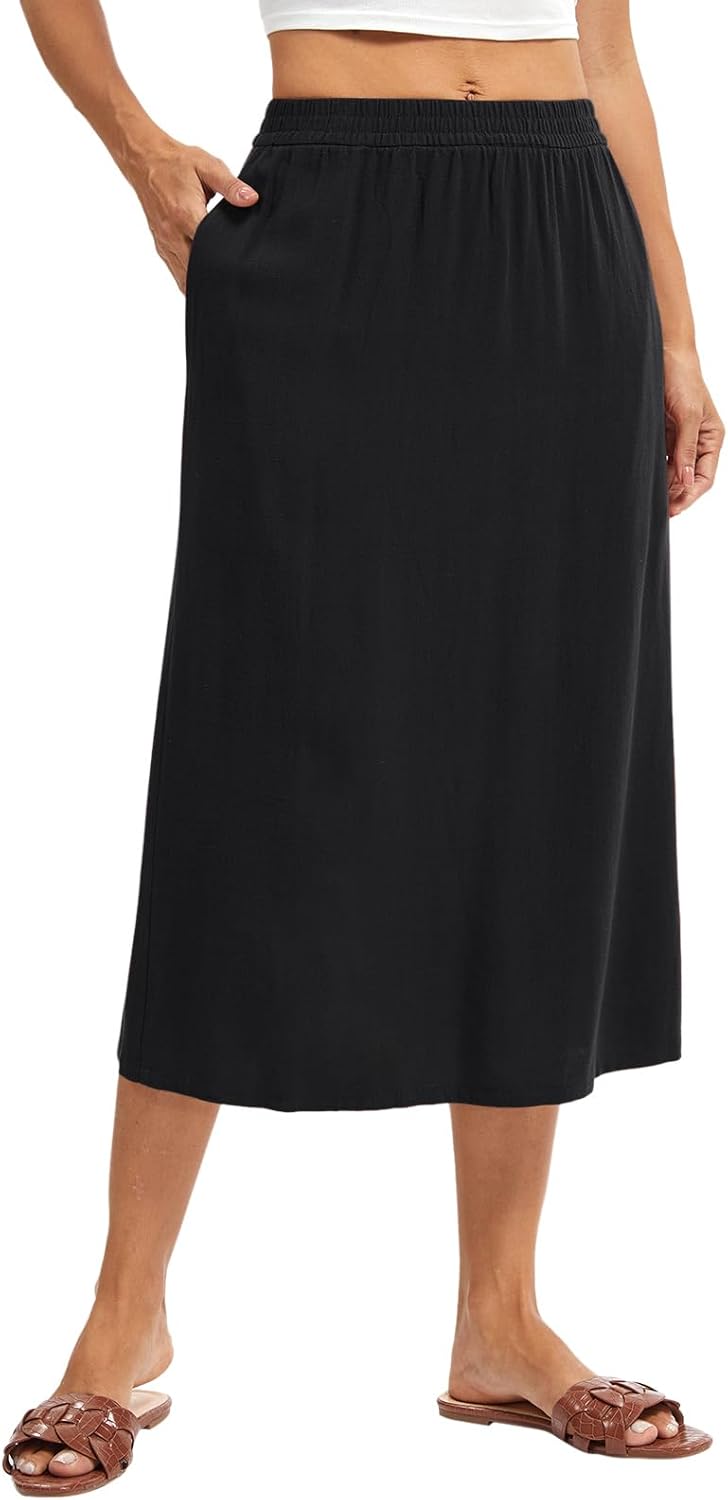 Women's Linen Blend Midi Skirt Reversible Front-Back Slit Design with Side Pockets - Image 6