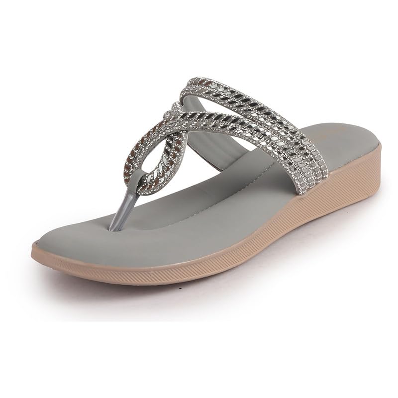 Image of FAUSTO Women T-Strap Slip On Ethnic Sandals with Rhinestone Strap | Wedge Ortho Slip-On Slippers | Perfect for Wedding, Festive Outfits