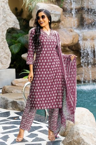 Image of MIRCHI FASHION Women's Straight Fit Pure Cotton Floral Printed Kurta Set with Dupatta and Pant