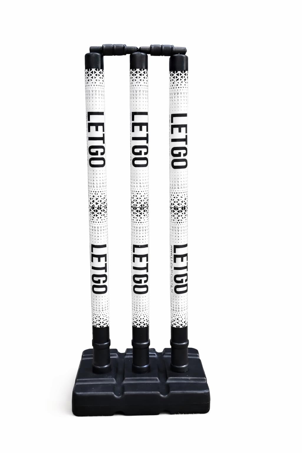 Hard Plastic Cricket Stumps Set with Base, White and Black, Decorative Pattern Design, Complete Wicket Set-image-16
