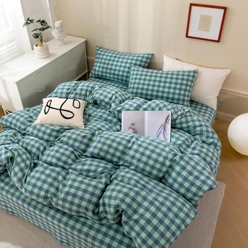 Image of mixinni Green Gingham Grid Duvet Cover Queen, 100% Washed Cotton Modern Geometric Bedding Set with 2 Pillowcases, Farmhouse Style Blue Plaid Comforter Cover Set for Men & Women, Soft & Lightweight