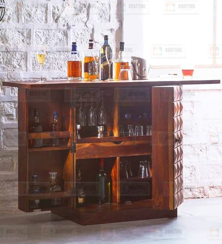 Image of Credenza Solid Sheesham Wood Bar Cabinet for Home - Wooden Bar Unit with Storage & Wine Rack Drawer, Living Room Bar Furniture - Handcrafted Wine Cabinet in Honey Finish, No Assembly Required