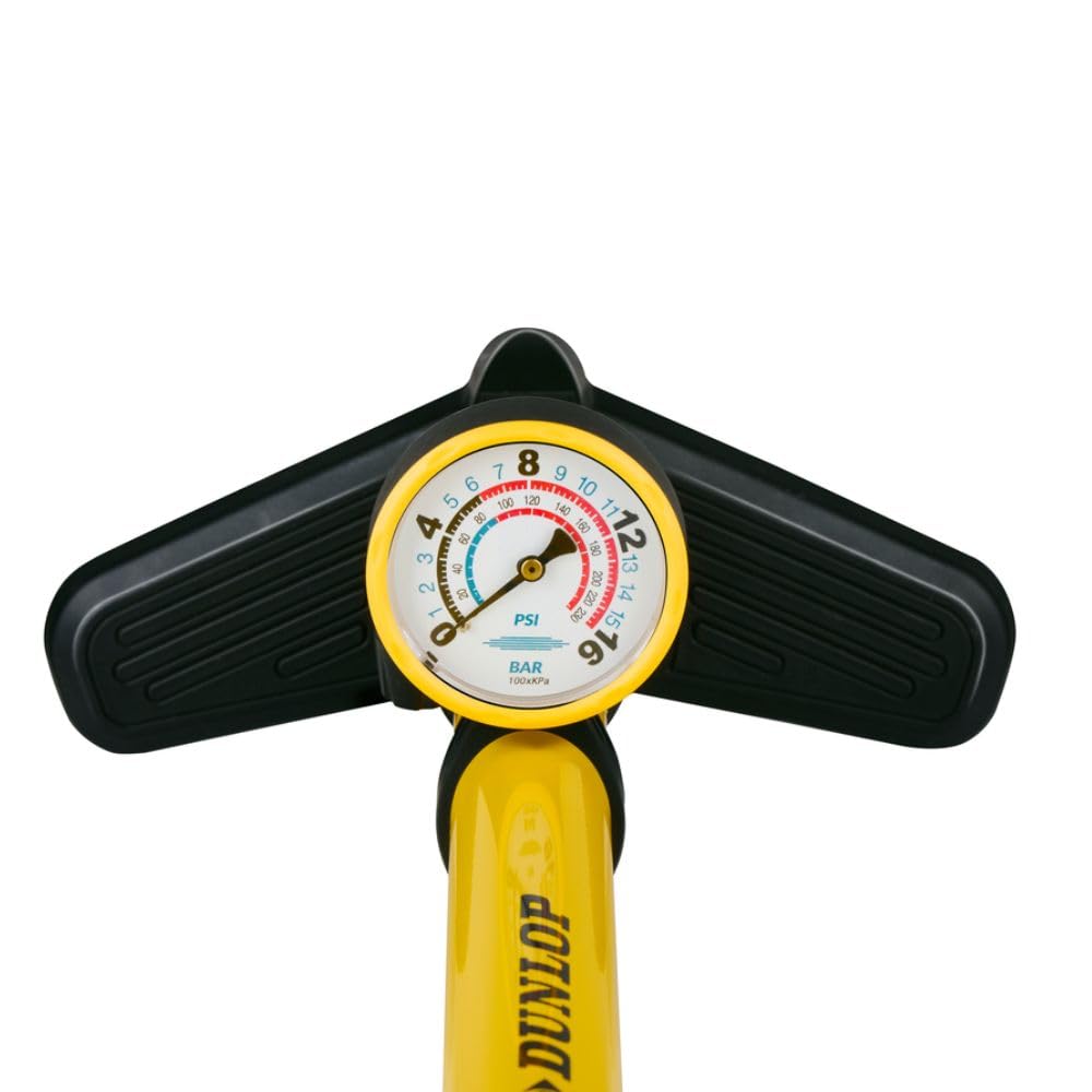 Dunlop Bomba Bicicleta con Manómetro - Inflador Ruedas Coche y Bicileta - Hinchador Bicicleta para válvulas Dunlop, Schrader y Francesas - Bomba de Aire con Adaptadores Juguetes Acuáticos y Balones