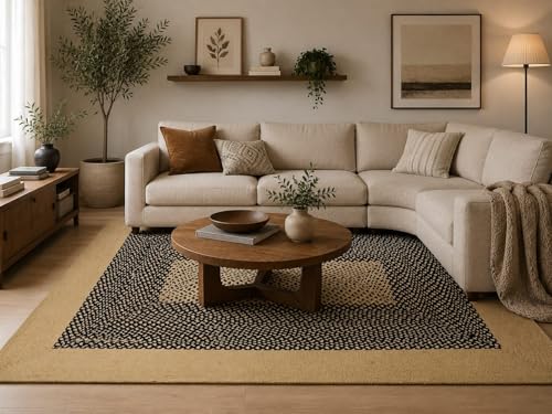 Image of Bhuvan Handloom Natural Cotton Braided - Hand Woven & Reversible for Living Room, Kitchen, Entryway - Cotton Burlap Hallway Braided Farmhouse Rustic Rug (Beige & Black, 3'x5'[Feet], Rectangular)