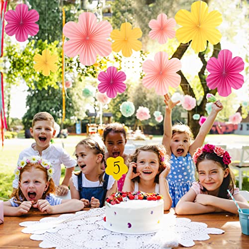 Image of Easy Joy Paper Flowers Decorations for Wall Paper Fans Classroom Decoration Paper Floral Backdrop Decor Paper Fans Decoration Hanging Paper Fans Pink Flower Wall Decor, Set of 9