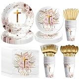 Xenorik Boho God Bless Baptism Decorations Tableware, Pampas Grass First Communion Decorations Party Supplies, Paper Plate, Cup, Napkin, Cutlery, For Christening Baby Shower Religious, Serves 24