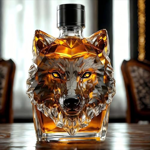 Botella de whisky de lobo, decantador de whisky de vidrio animal, botellas de whisky con cres-ta de lobo, decantador de whisky animal nuevo de vidrio, botella de vidrio de whisky con temática de lobo