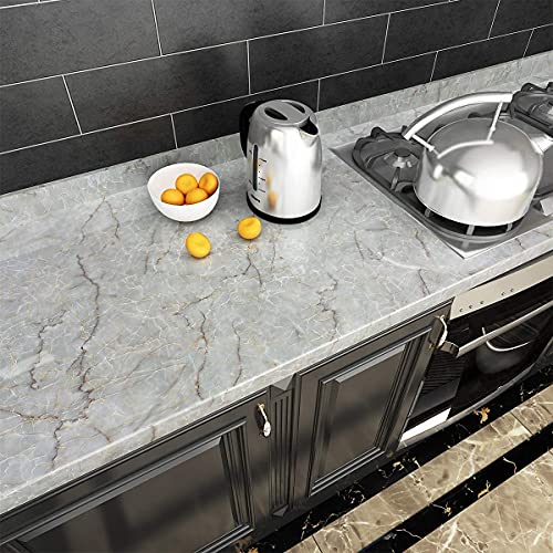 Image of KASHIVAL Self-Adhesive, PVC Vinyl, Heat Resistant, Oil-Proof Wall Stickers Wallpaper for Furniture- 60 * 200 cm, Grey Marble