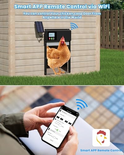 Verbesserte 3in1 Automatische Hühnerklappe Solar, WLAN-Fernbedienung, automatischer Hühnerklappe Hühnertür mit LCD-Display & Timer & Lichtsensor, elektrische Auto-Hühnertür, Aluminium Anti-Pinch